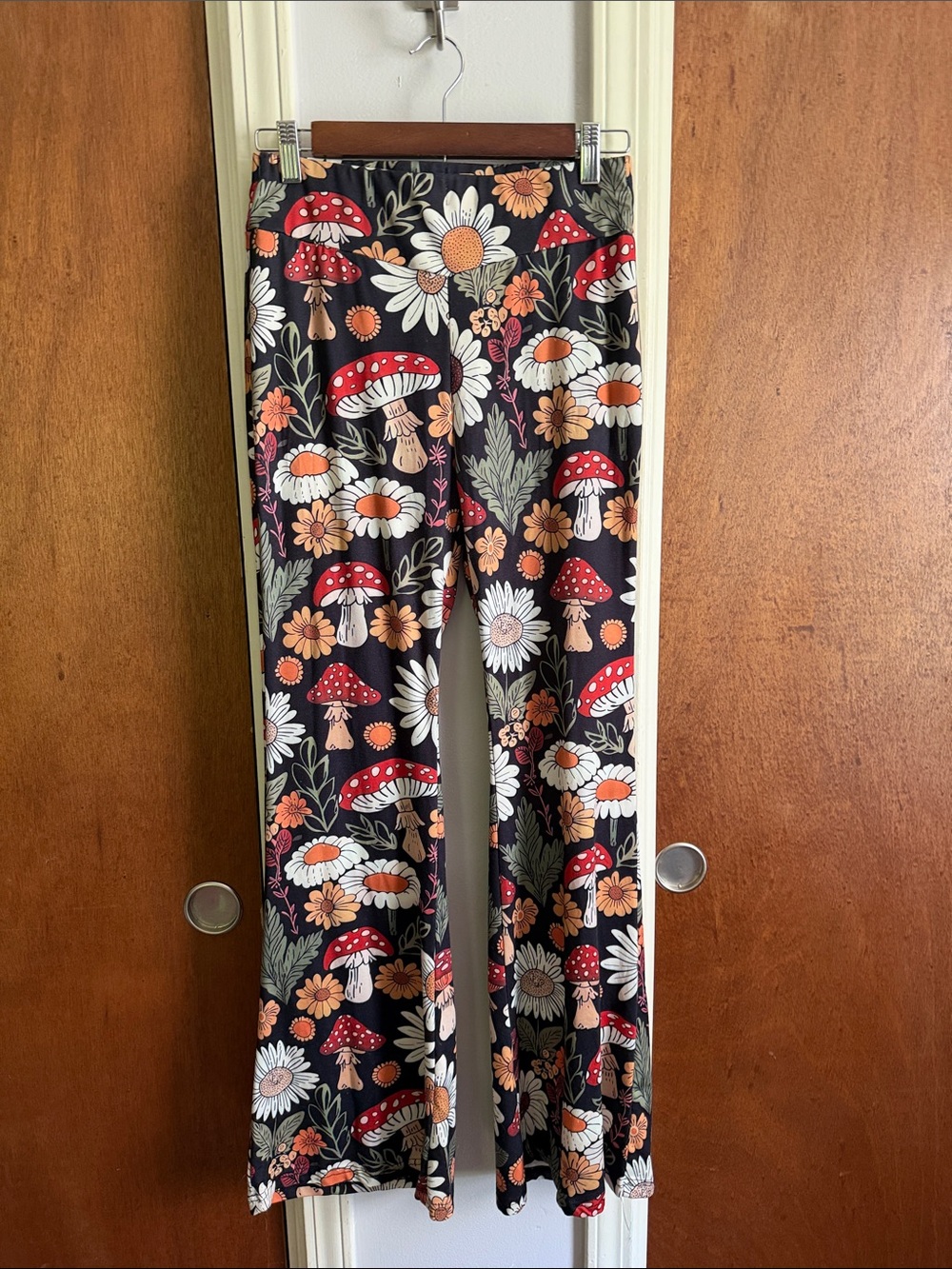 Black Floral & Mushroom Print Flared Pants